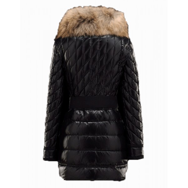 Moncler nero del collare della pelliccia e cintura cappotti lunghi Elegante Donna Outlet